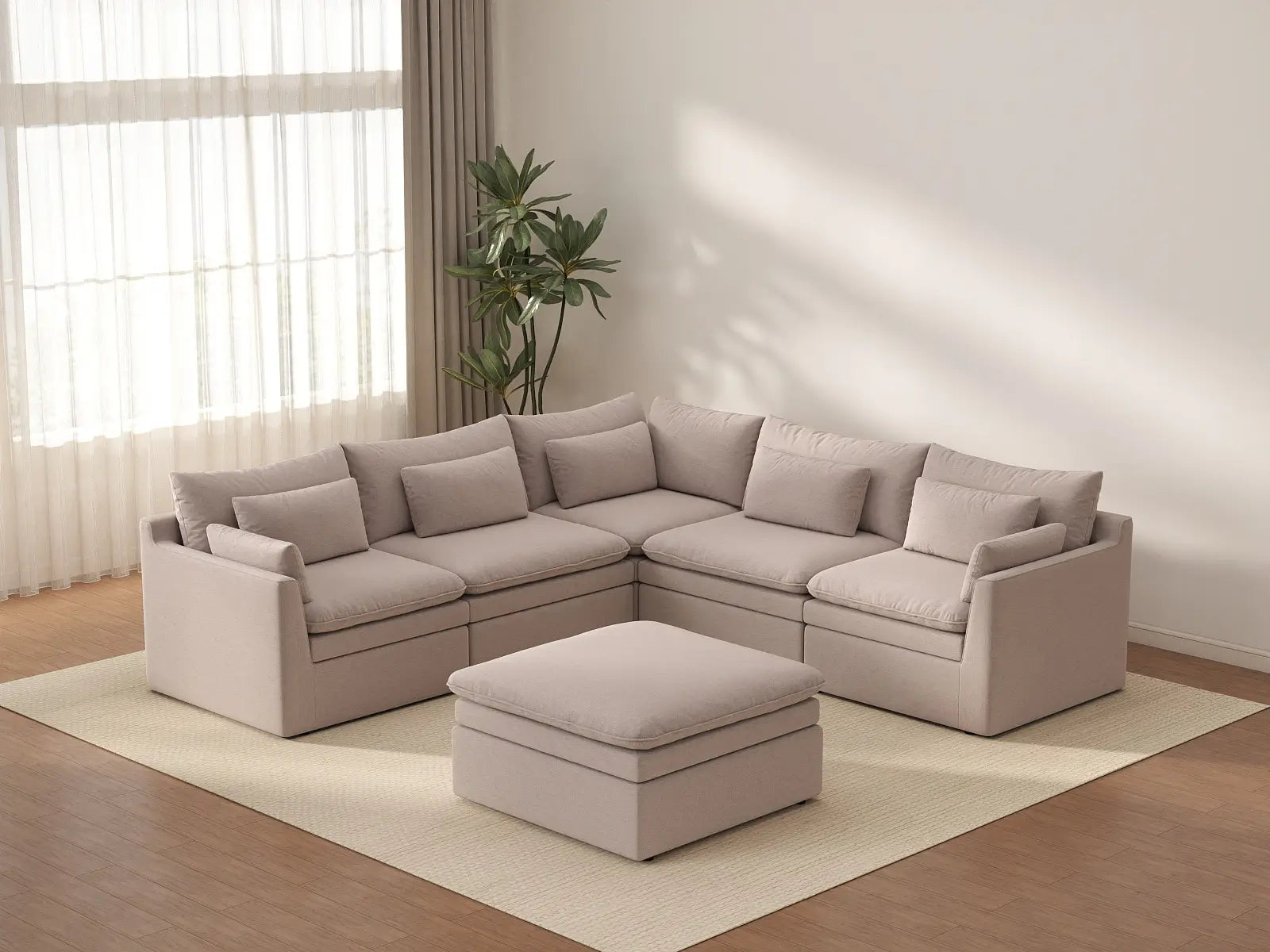 Deluxe Cloud 5-Seater Khaki Sofa Set | 6-Piece (Includes 1 Ottoman), Linen Look Poly Fabric, Washable Cushion Covers