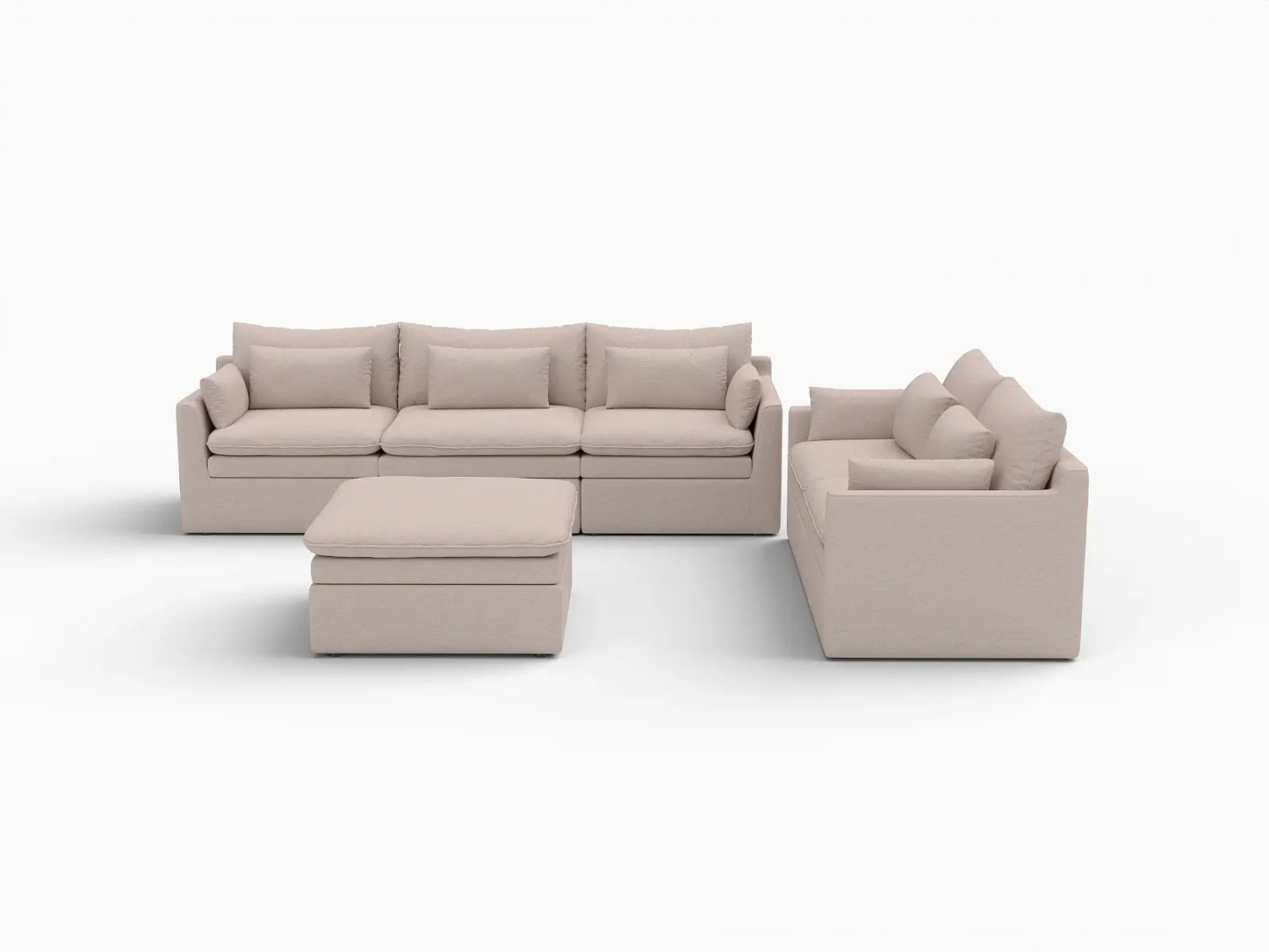 Deluxe Cloud 5-Seater Khaki Sofa Set | 6-Piece (Includes 1 Ottoman), Linen Look Poly Fabric, Washable Cushion Covers