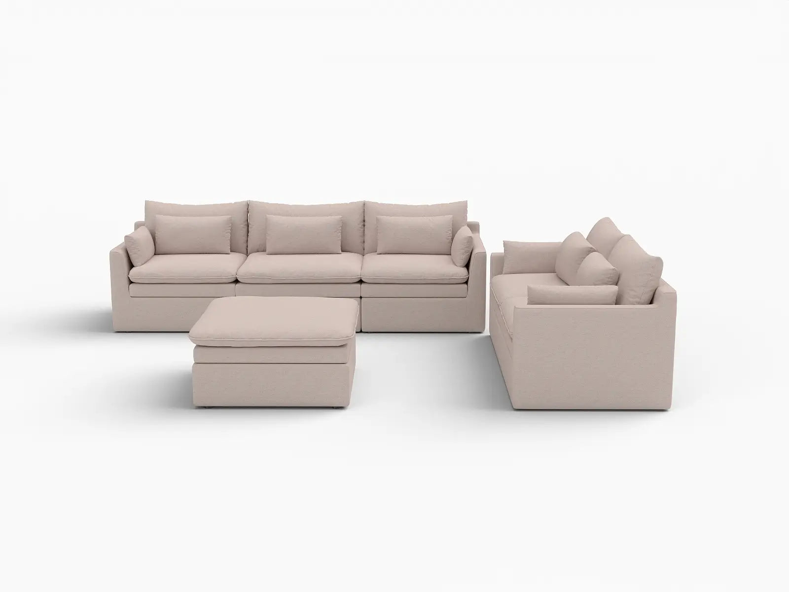 Deluxe Cloud 5-Seater Khaki Sofa Set | 6-Piece (Includes 1 Ottoman), Linen Look Poly Fabric, Washable Cushion Covers