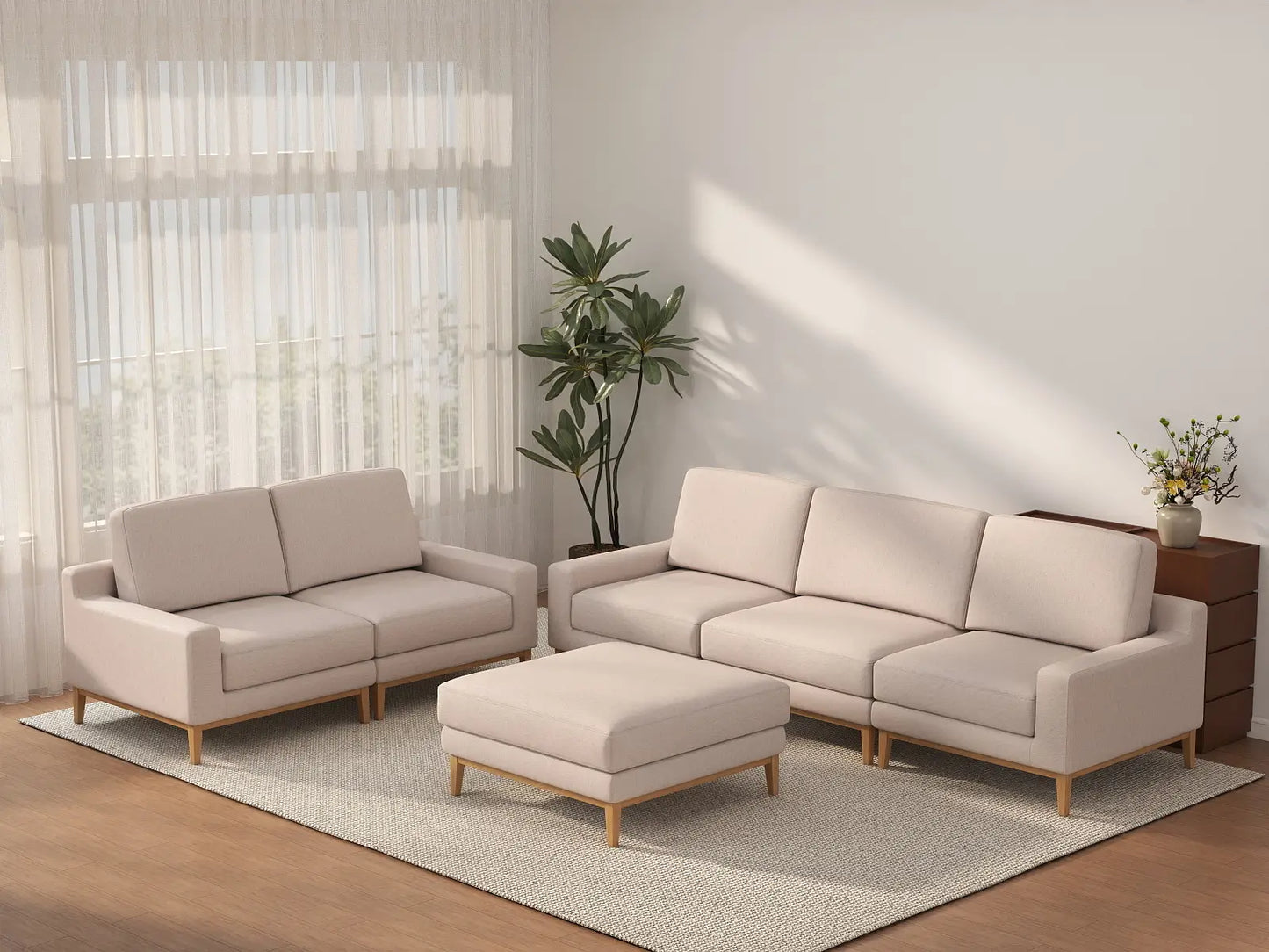 Deluxe Cloud 5-Seater Khaki Sofa Set | 6-Piece (Includes 1 Ottoman), Linen Look Poly Fabric, Washable Cushion Covers