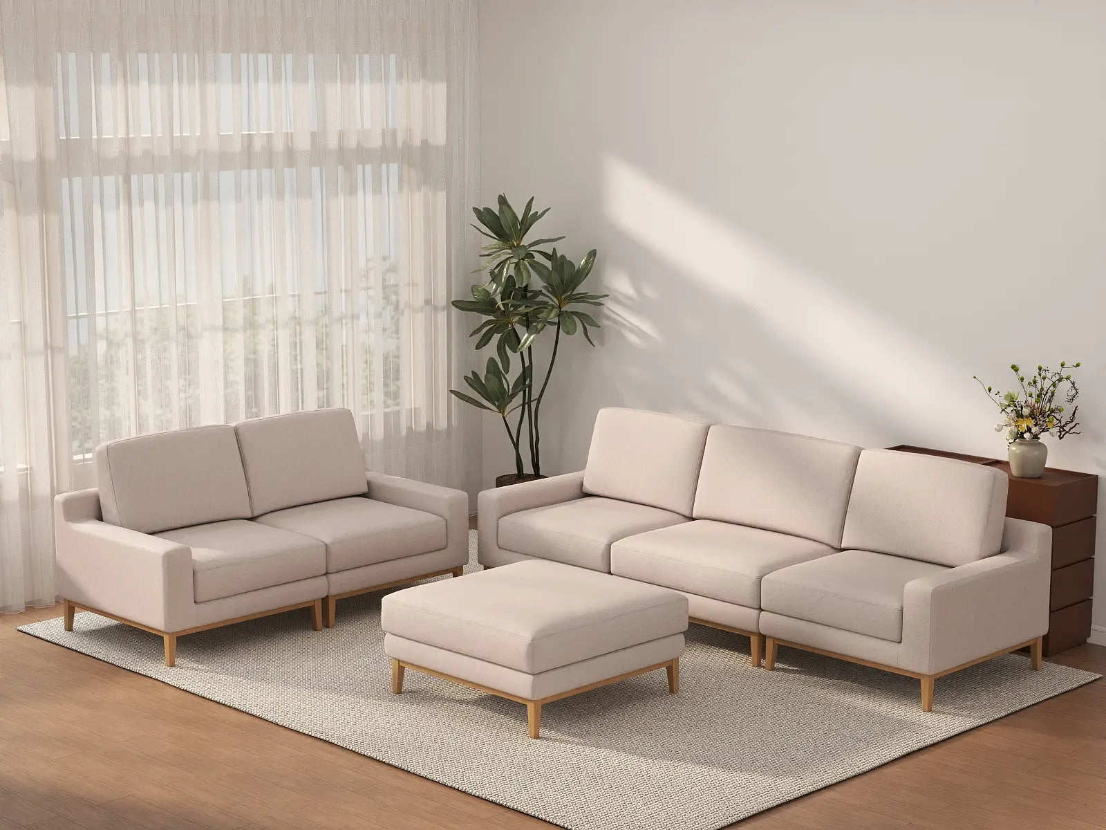 Deluxe Cloud 5-Seater Khaki Sofa Set | 6-Piece (Includes 1 Ottoman), Linen Look Poly Fabric, Washable Cushion Covers
