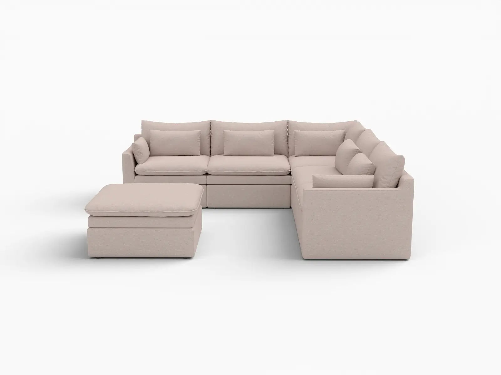 Deluxe Cloud 5-Seater Khaki Sofa Set | 6-Piece (Includes 1 Ottoman), Linen Look Poly Fabric, Washable Cushion Covers