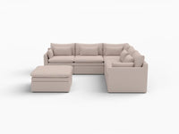 Deluxe Cloud 5-Seater Khaki Sofa Set | 6-Piece (Includes 1 Ottoman), Linen Look Poly Fabric, Washable Cushion Covers