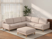 Deluxe Cloud 5-Seater Khaki Sofa Set | 6-Piece (Includes 1 Ottoman), Linen Look Poly Fabric, Washable Cushion Covers