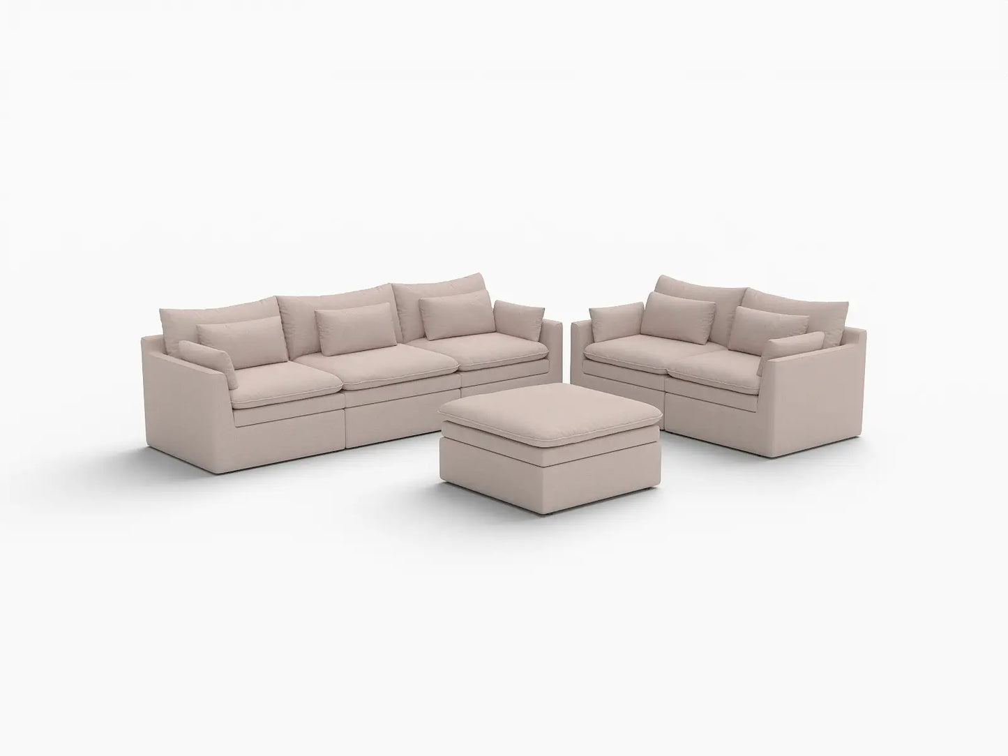 Deluxe Cloud 5-Seater Khaki Sofa Set | 6-Piece (Includes 1 Ottoman), Linen Look Poly Fabric, Washable Cushion Covers