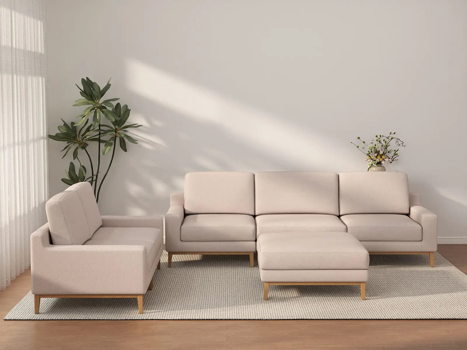 Deluxe Cloud 5-Seater Khaki Sofa Set | 6-Piece (Includes 1 Ottoman), Linen Look Poly Fabric, Washable Cushion Covers