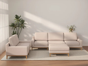 Deluxe Cloud 5-Seater Khaki Sofa Set | 6-Piece (Includes 1 Ottoman), Linen Look Poly Fabric, Washable Cushion Covers