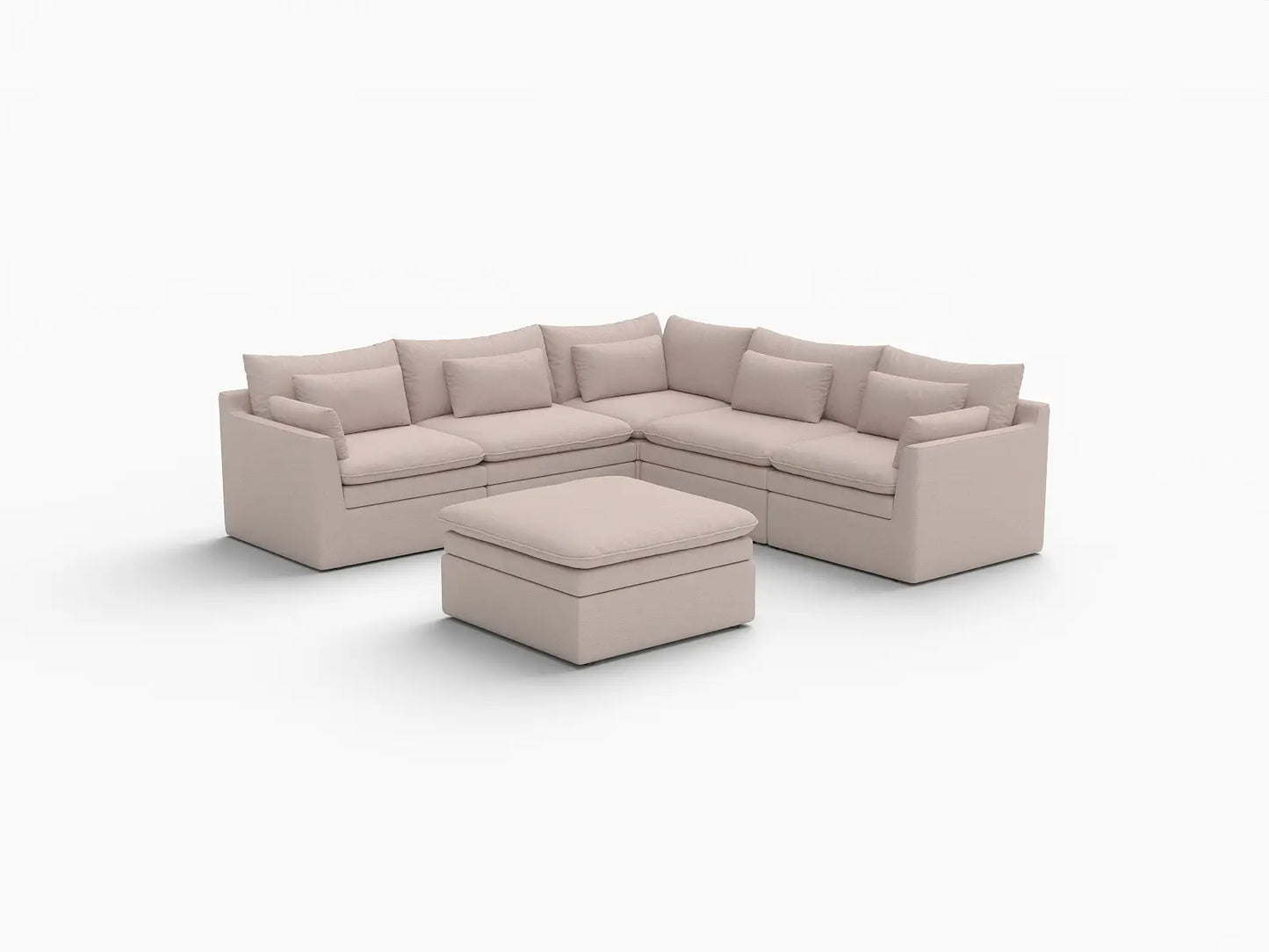 Deluxe Cloud 5-Seater Khaki Sofa Set | 6-Piece (Includes 1 Ottoman), Linen Look Poly Fabric, Washable Cushion Covers