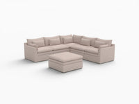 Deluxe Cloud 5-Seater Khaki Sofa Set | 6-Piece (Includes 1 Ottoman), Linen Look Poly Fabric, Washable Cushion Covers