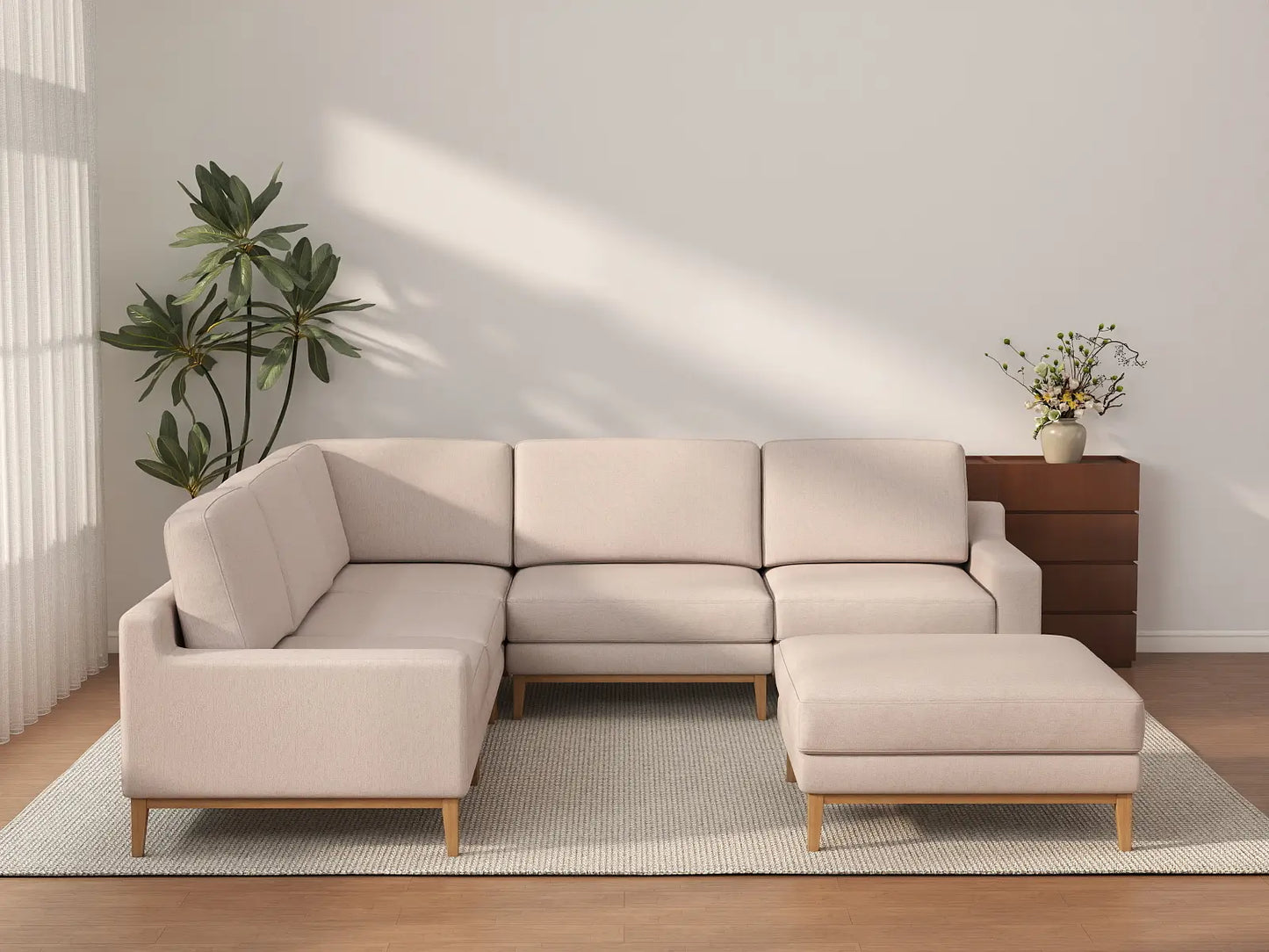 Deluxe Cloud 5-Seater Khaki Sofa Set | 6-Piece (Includes 1 Ottoman), Linen Look Poly Fabric, Washable Cushion Covers