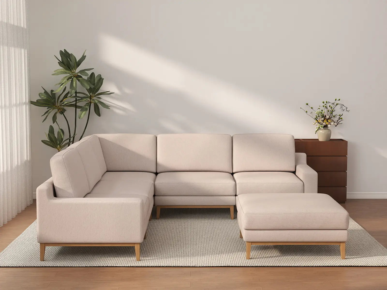 Deluxe Cloud 5-Seater Khaki Sofa Set | 6-Piece (Includes 1 Ottoman), Linen Look Poly Fabric, Washable Cushion Covers
