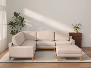 Deluxe Cloud 5-Seater Khaki Sofa Set | 6-Piece (Includes 1 Ottoman), Linen Look Poly Fabric, Washable Cushion Covers