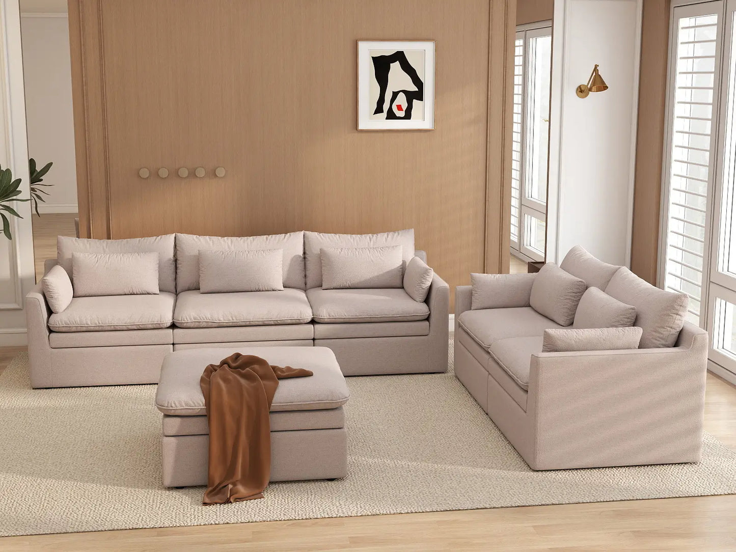 Deluxe Cloud 5-Seater Khaki Sofa Set | 6-Piece (Includes 1 Ottoman), Linen Look Poly Fabric, Washable Cushion Covers