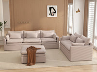 Deluxe Cloud 5-Seater Khaki Sofa Set | 6-Piece (Includes 1 Ottoman), Linen Look Poly Fabric, Washable Cushion Covers