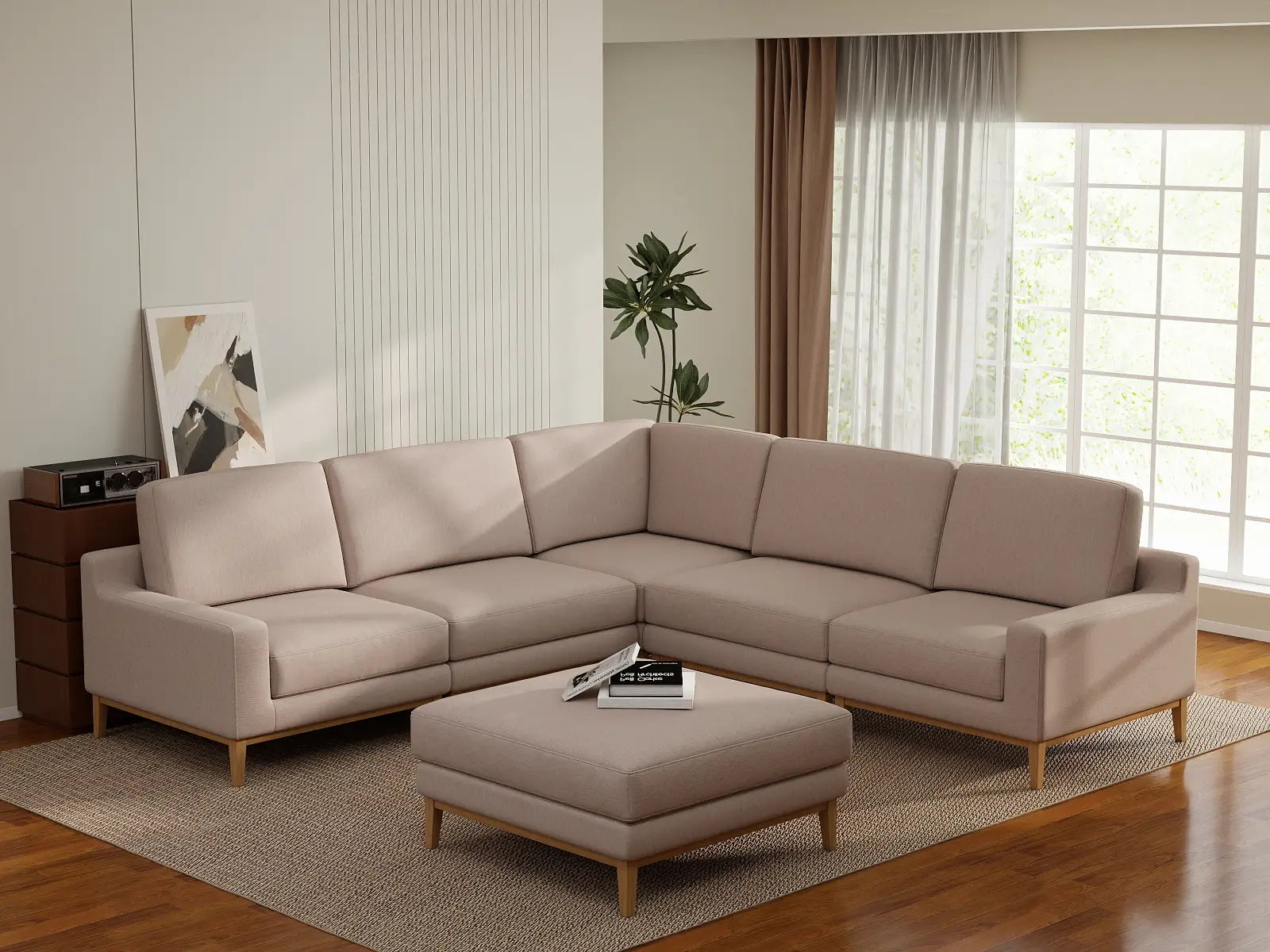 Deluxe Cloud 5-Seater Khaki Sofa Set | 6-Piece (Includes 1 Ottoman), Linen Look Poly Fabric, Washable Cushion Covers