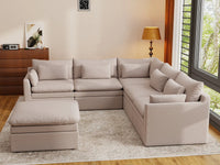 Deluxe Cloud 5-Seater Khaki Sofa Set | 6-Piece (Includes 1 Ottoman), Linen Look Poly Fabric, Washable Cushion Covers