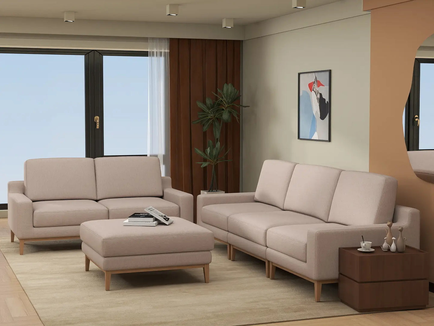 Deluxe Cloud 5-Seater Khaki Sofa Set | 6-Piece (Includes 1 Ottoman), Linen Look Poly Fabric, Washable Cushion Covers