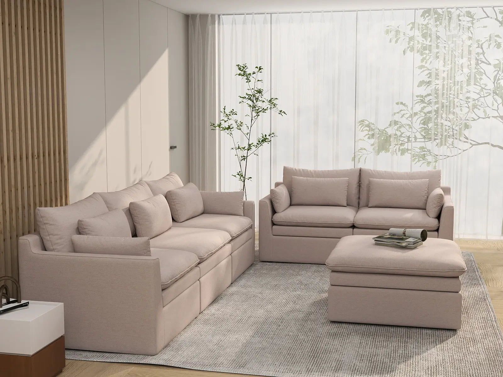 Deluxe Cloud 5-Seater Khaki Sofa Set | 6-Piece (Includes 1 Ottoman), Linen Look Poly Fabric, Washable Cushion Covers