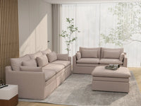 Deluxe Cloud 5-Seater Khaki Sofa Set | 6-Piece (Includes 1 Ottoman), Linen Look Poly Fabric, Washable Cushion Covers