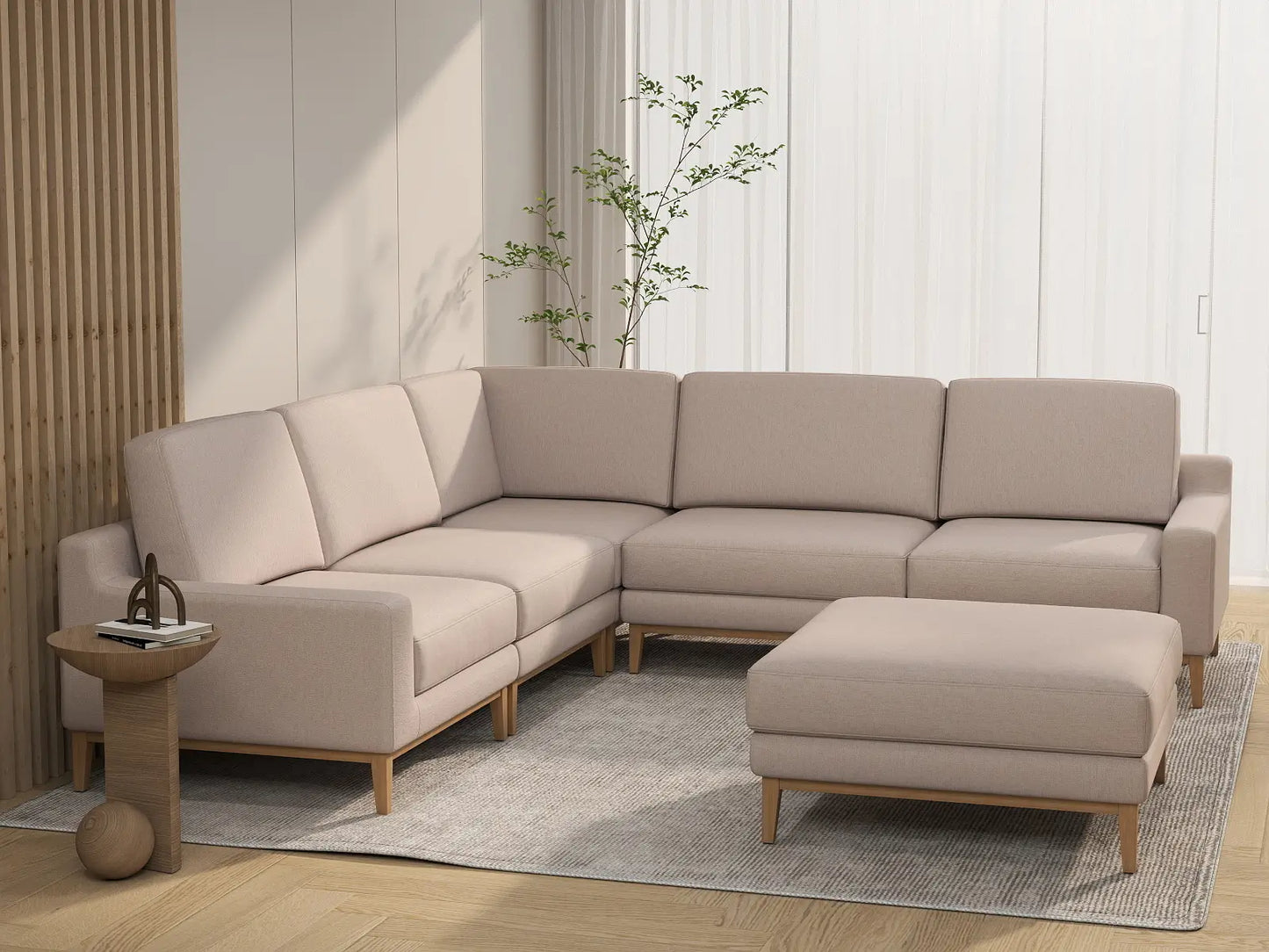 Deluxe Cloud 5-Seater Khaki Sofa Set | 6-Piece (Includes 1 Ottoman), Linen Look Poly Fabric, Washable Cushion Covers