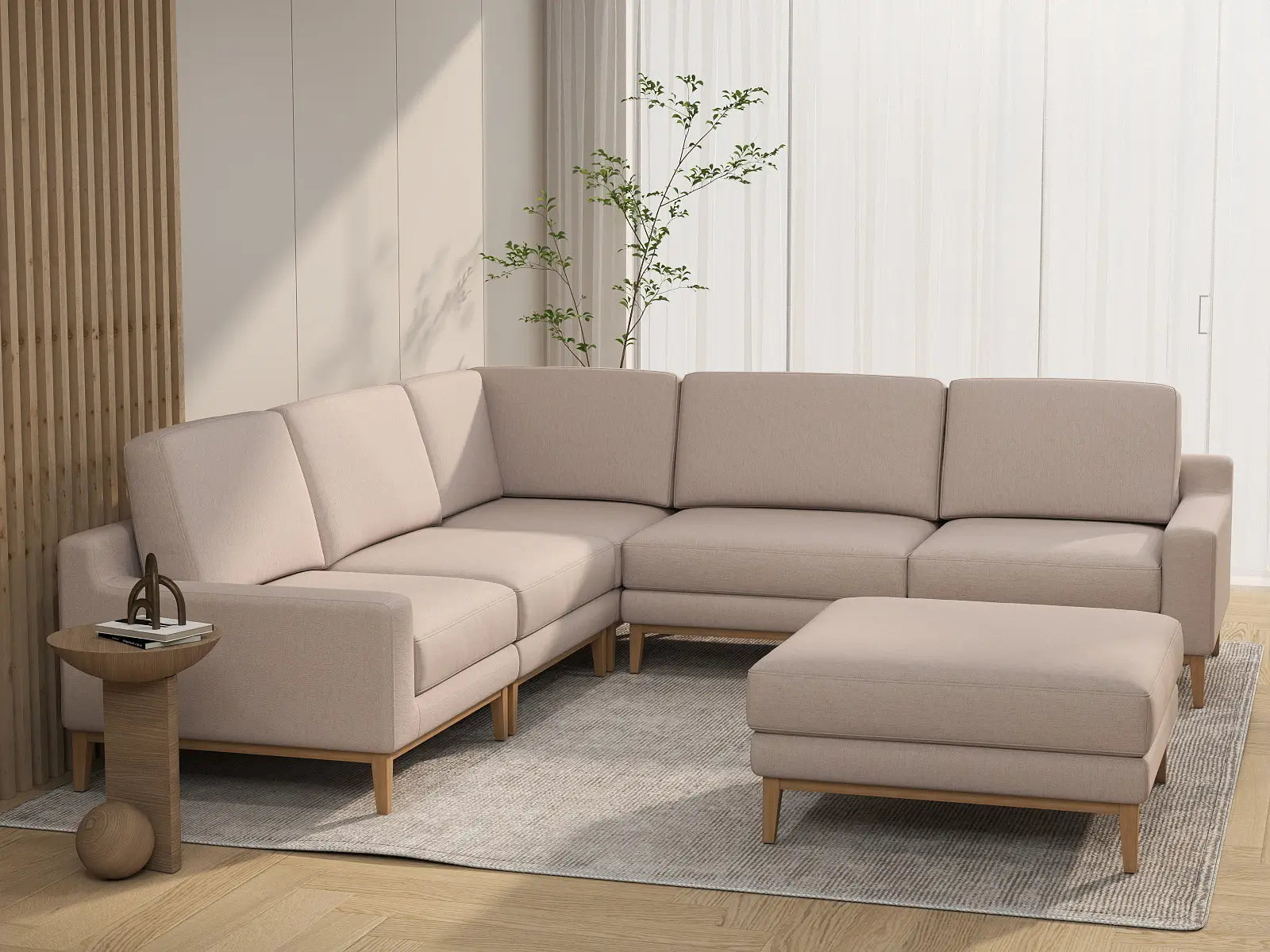 Deluxe Cloud 5-Seater Khaki Sofa Set | 6-Piece (Includes 1 Ottoman), Linen Look Poly Fabric, Washable Cushion Covers