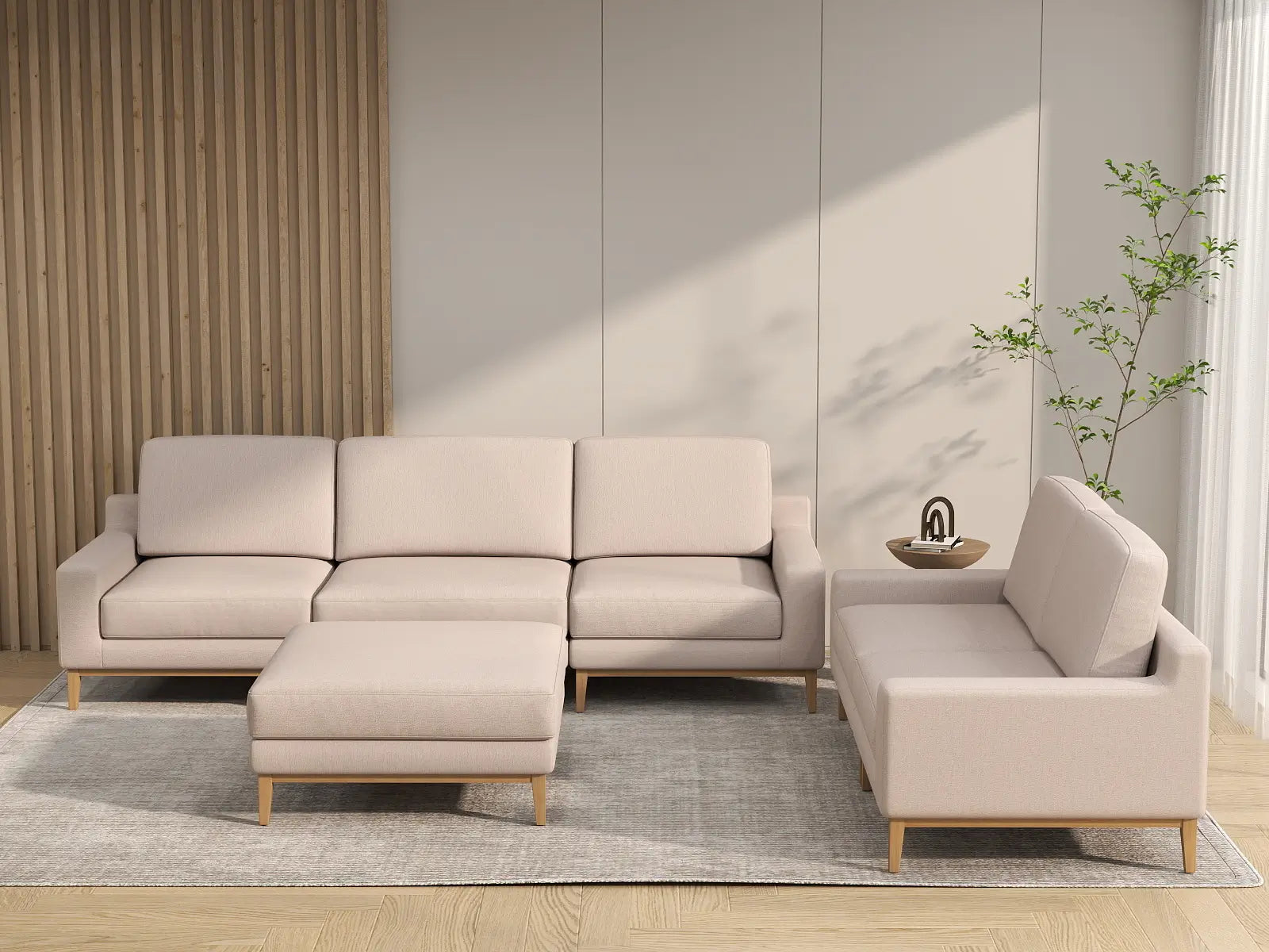 Deluxe Cloud 5-Seater Khaki Sofa Set | 6-Piece (Includes 1 Ottoman), Linen Look Poly Fabric, Washable Cushion Covers