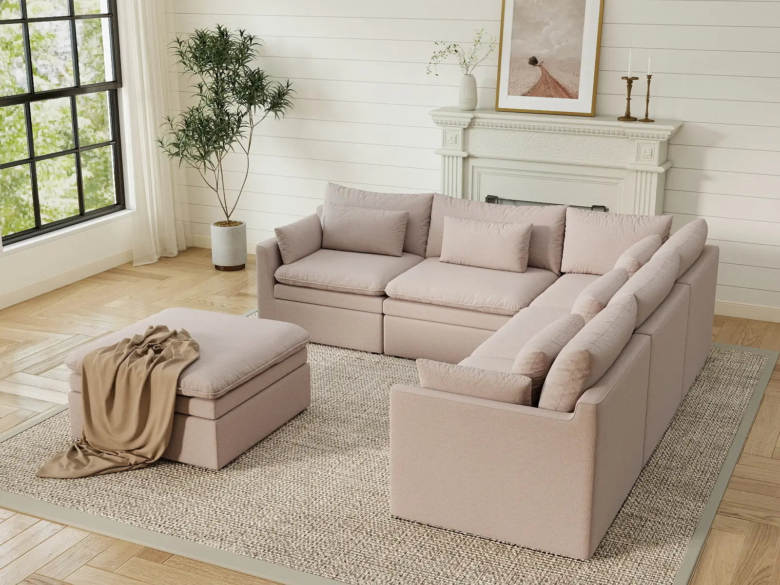 Deluxe Cloud 5-Seater Khaki Sofa Set | 6-Piece (Includes 1 Ottoman), Linen Look Poly Fabric, Washable Cushion Covers