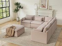 Deluxe Cloud 5-Seater Khaki Sofa Set | 6-Piece (Includes 1 Ottoman), Linen Look Poly Fabric, Washable Cushion Covers