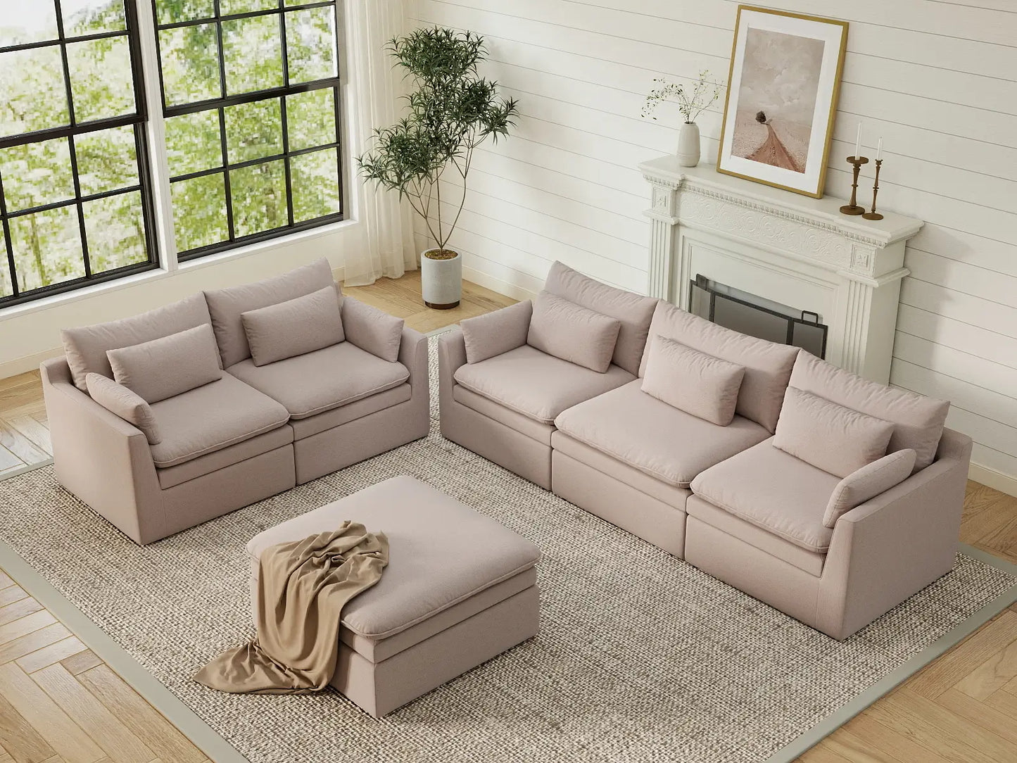 Deluxe Cloud 5-Seater Khaki Sofa Set | 6-Piece (Includes 1 Ottoman), Linen Look Poly Fabric, Washable Cushion Covers