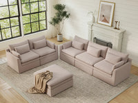 Deluxe Cloud 5-Seater Khaki Sofa Set | 6-Piece (Includes 1 Ottoman), Linen Look Poly Fabric, Washable Cushion Covers