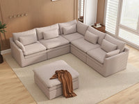 Deluxe Cloud 5-Seater Khaki Sofa Set | 6-Piece (Includes 1 Ottoman), Linen Look Poly Fabric, Washable Cushion Covers