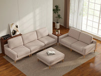 Deluxe Cloud 5-Seater Khaki Sofa Set | 6-Piece (Includes 1 Ottoman), Linen Look Poly Fabric, Washable Cushion Covers