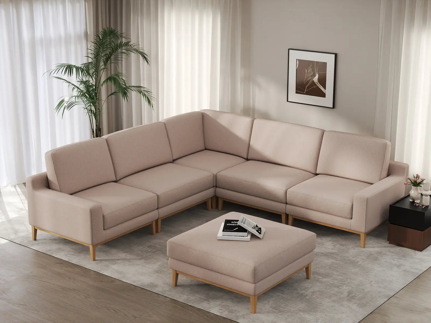 Deluxe Cloud 5-Seater Khaki Sofa Set | 6-Piece (Includes 1 Ottoman), Linen Look Poly Fabric, Washable Cushion Covers