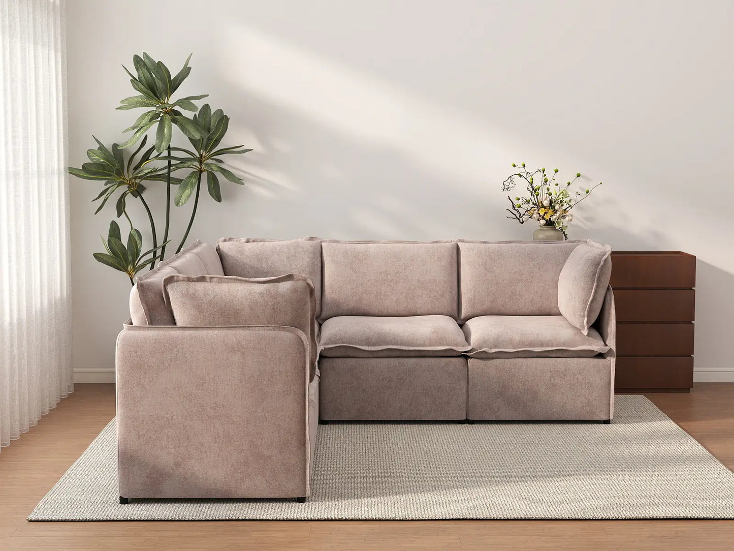 Deluxe Cloud 5-Seater Khaki V-Shaped Sectional | 5-Piece, Linen Look Poly Fabric, Washable Cushion Covers