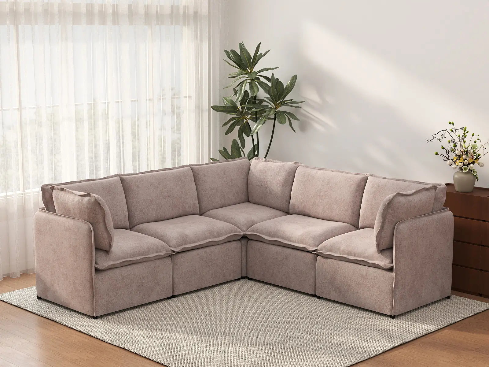 Deluxe Cloud 5-Seater Khaki V-Shaped Sectional | 5-Piece, Linen Look Poly Fabric, Washable Cushion Covers