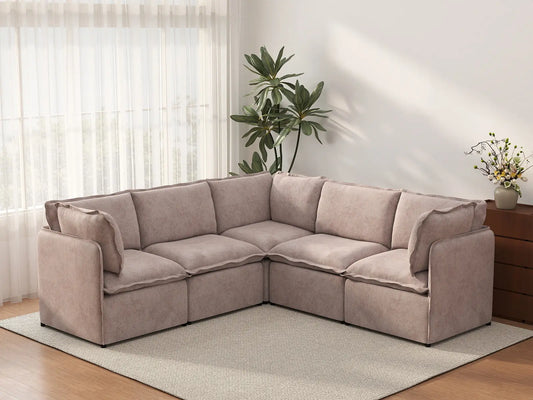 Deluxe Cloud 5-Seater Khaki V-Shaped Sectional | 5-Piece, Linen Look Poly Fabric, Washable Cushion Covers