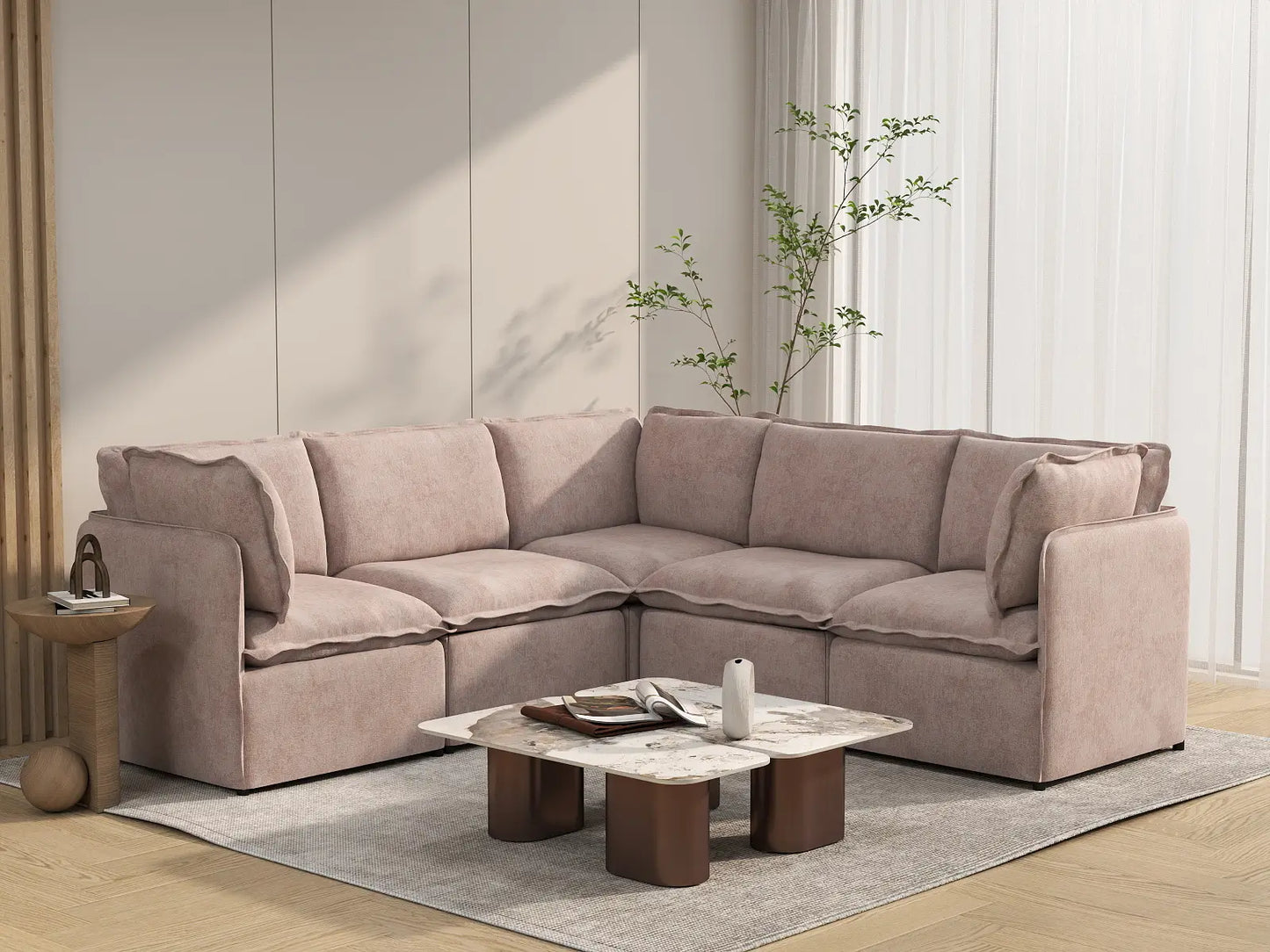 Deluxe Cloud 5-Seater Khaki V-Shaped Sectional | 5-Piece, Linen Look Poly Fabric, Washable Cushion Covers