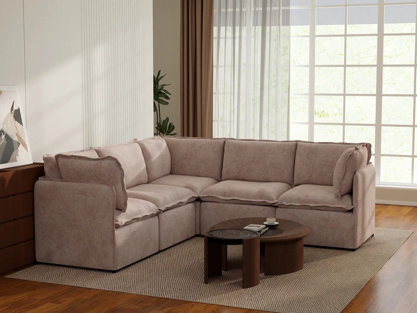 Deluxe Cloud 5-Seater Khaki V-Shaped Sectional | 5-Piece, Linen Look Poly Fabric, Washable Cushion Covers