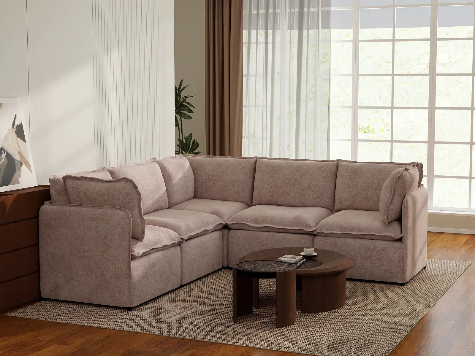 Deluxe Cloud 5-Seater Khaki V-Shaped Sectional | 5-Piece, Linen Look Poly Fabric, Washable Cushion Covers