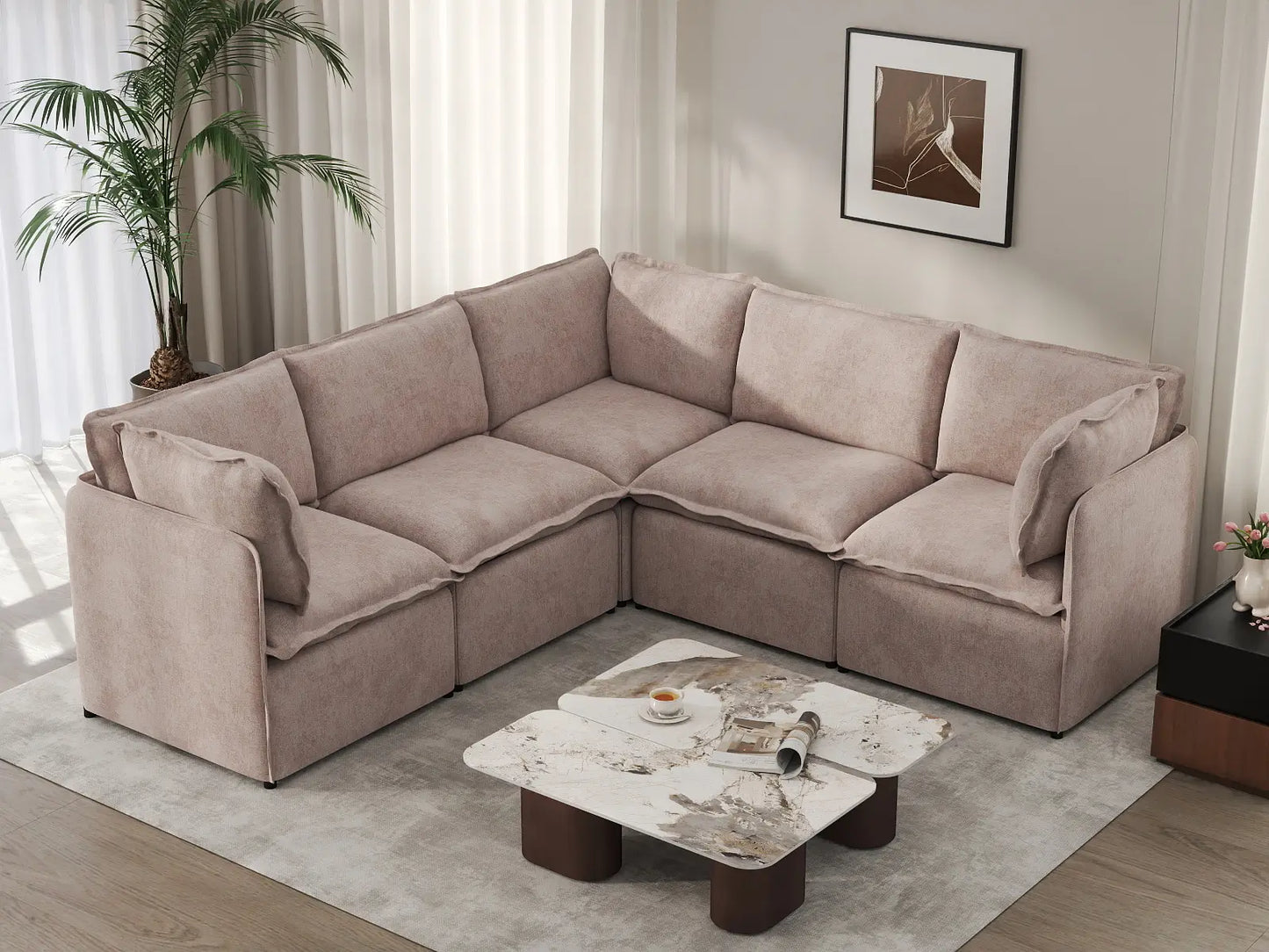 Deluxe Cloud 5-Seater Khaki V-Shaped Sectional | 5-Piece, Linen Look Poly Fabric, Washable Cushion Covers