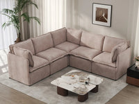 Deluxe Cloud 5-Seater Khaki V-Shaped Sectional | 5-Piece, Linen Look Poly Fabric, Washable Cushion Covers