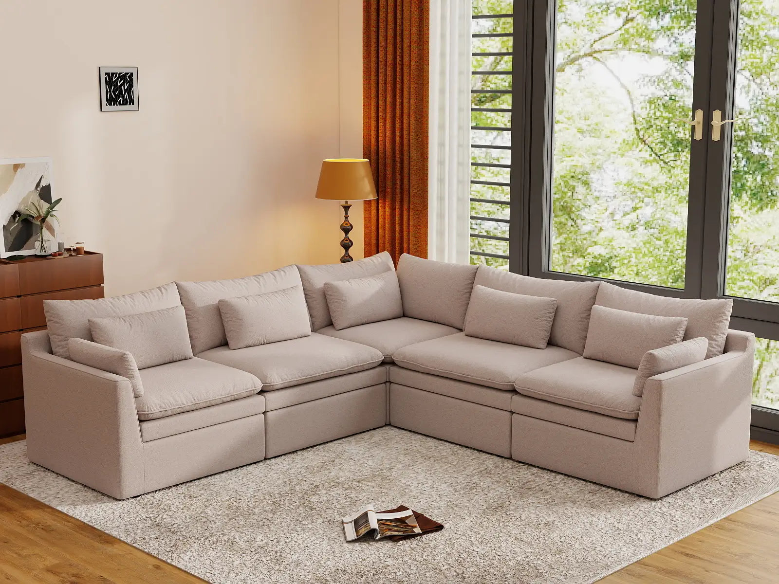 Deluxe Cloud 5-Seater Khaki V-Shaped Sectional | 5-Piece, Linen Look Poly Fabric, Washable Cushion Covers