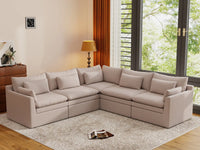 Deluxe Cloud 5-Seater Khaki V-Shaped Sectional | 5-Piece, Linen Look Poly Fabric, Washable Cushion Covers