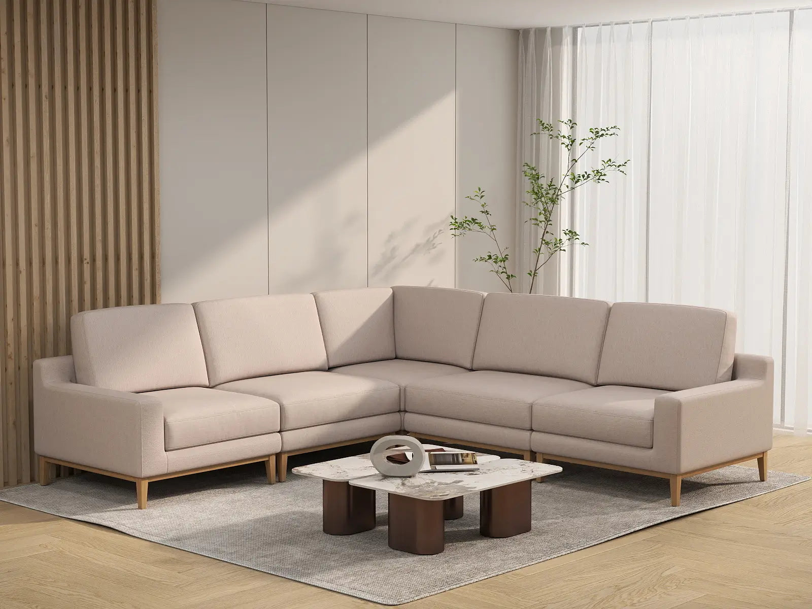 Deluxe Cloud 5-Seater Khaki V-Shaped Sectional | 5-Piece, Linen Look Poly Fabric, Washable Cushion Covers
