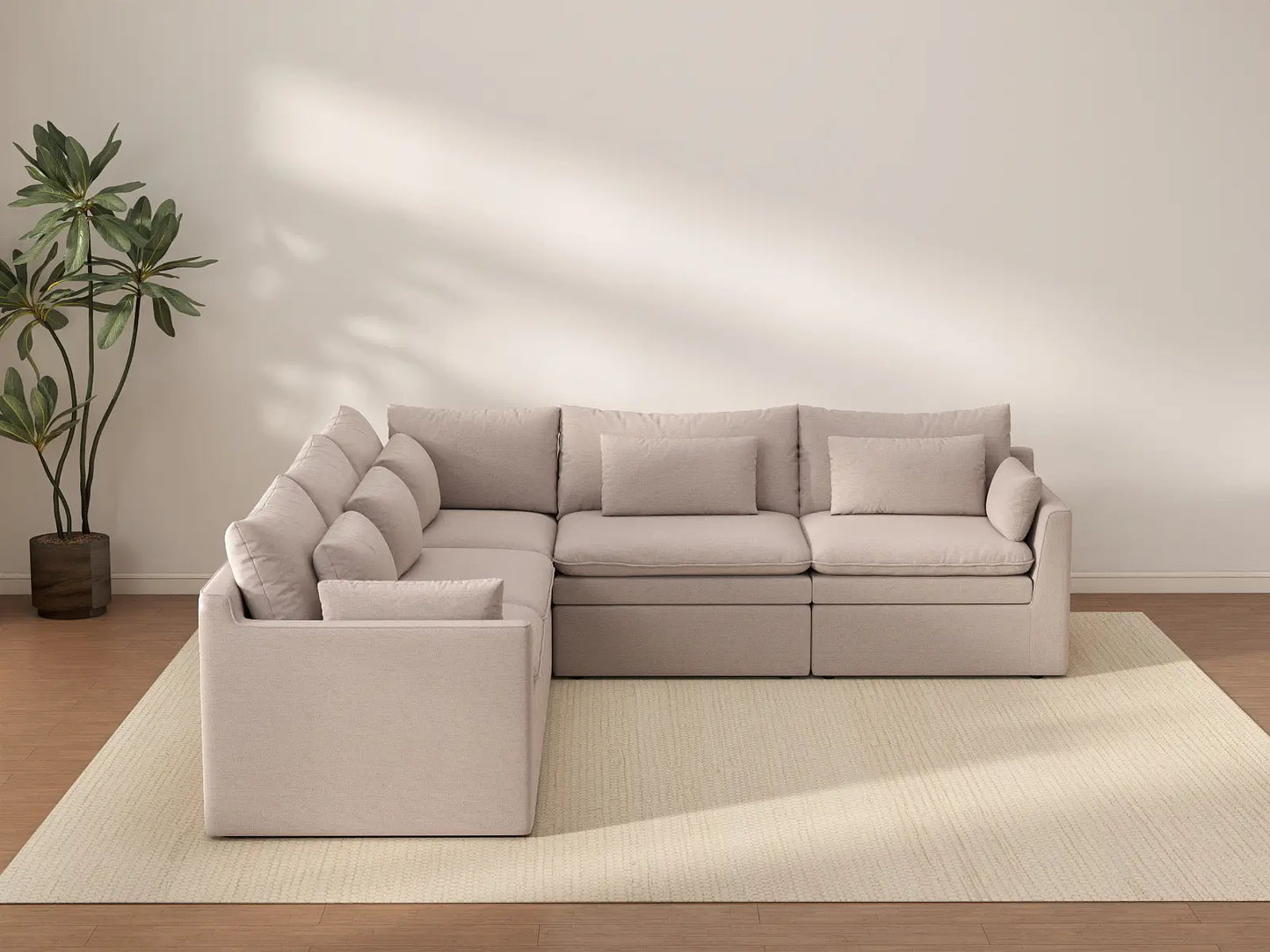 Deluxe Cloud 5-Seater Khaki V-Shaped Sectional | 5-Piece, Linen Look Poly Fabric, Washable Cushion Covers