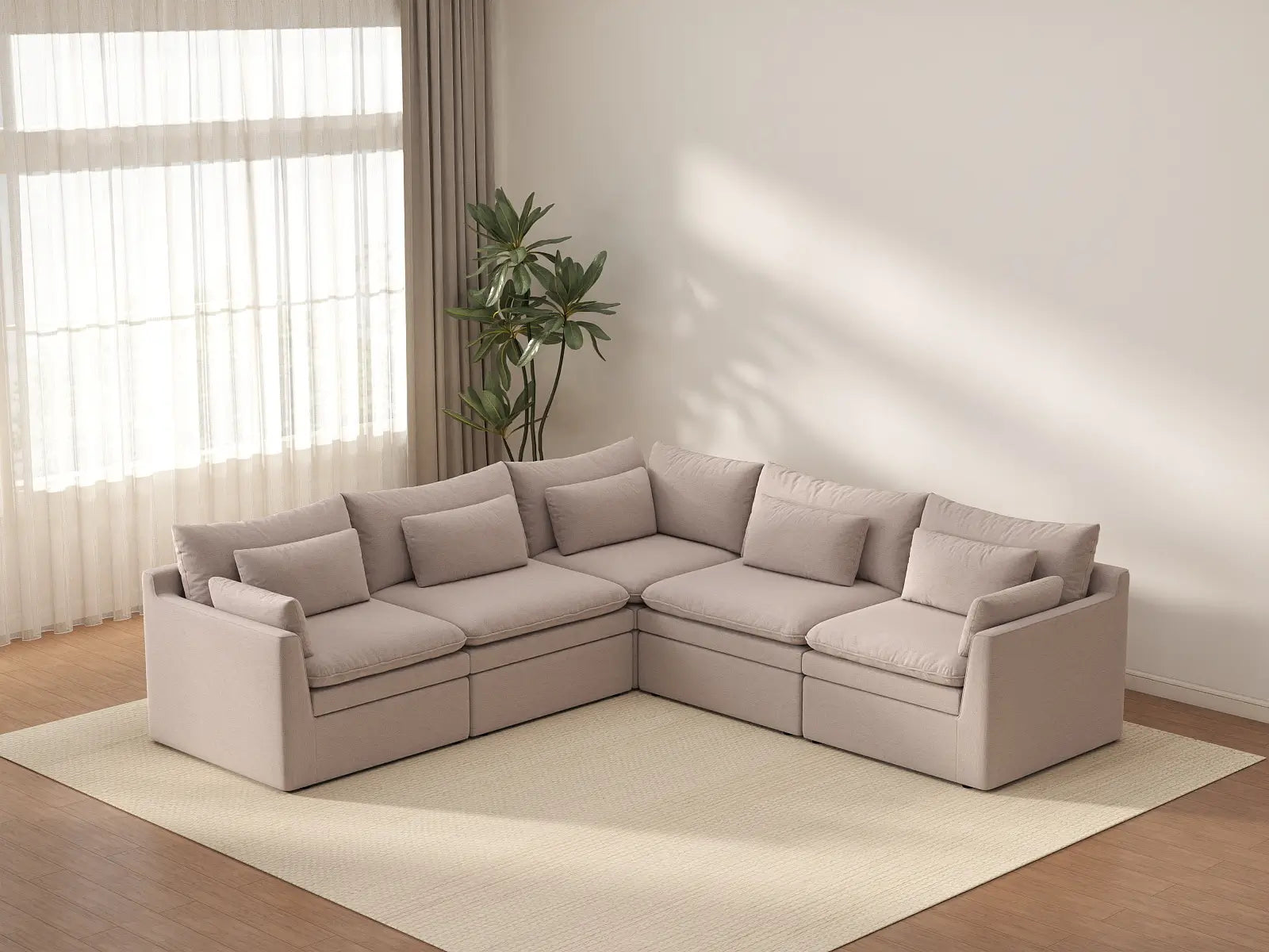 Deluxe Cloud 5-Seater Khaki V-Shaped Sectional | 5-Piece, Linen Look Poly Fabric, Washable Cushion Covers