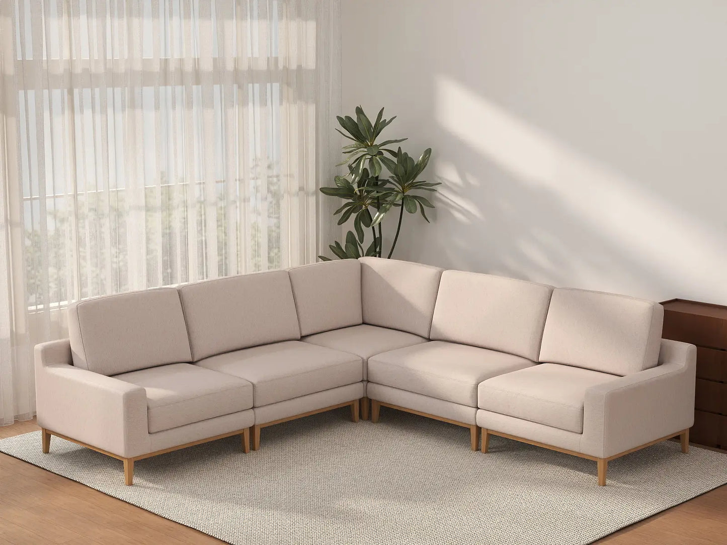 Deluxe Cloud 5-Seater Khaki V-Shaped Sectional | 5-Piece, Linen Look Poly Fabric, Washable Cushion Covers