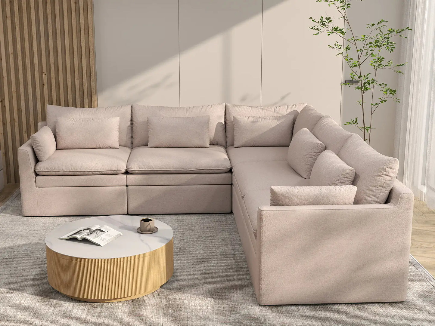 Deluxe Cloud 5-Seater Khaki V-Shaped Sectional | 5-Piece, Linen Look Poly Fabric, Washable Cushion Covers