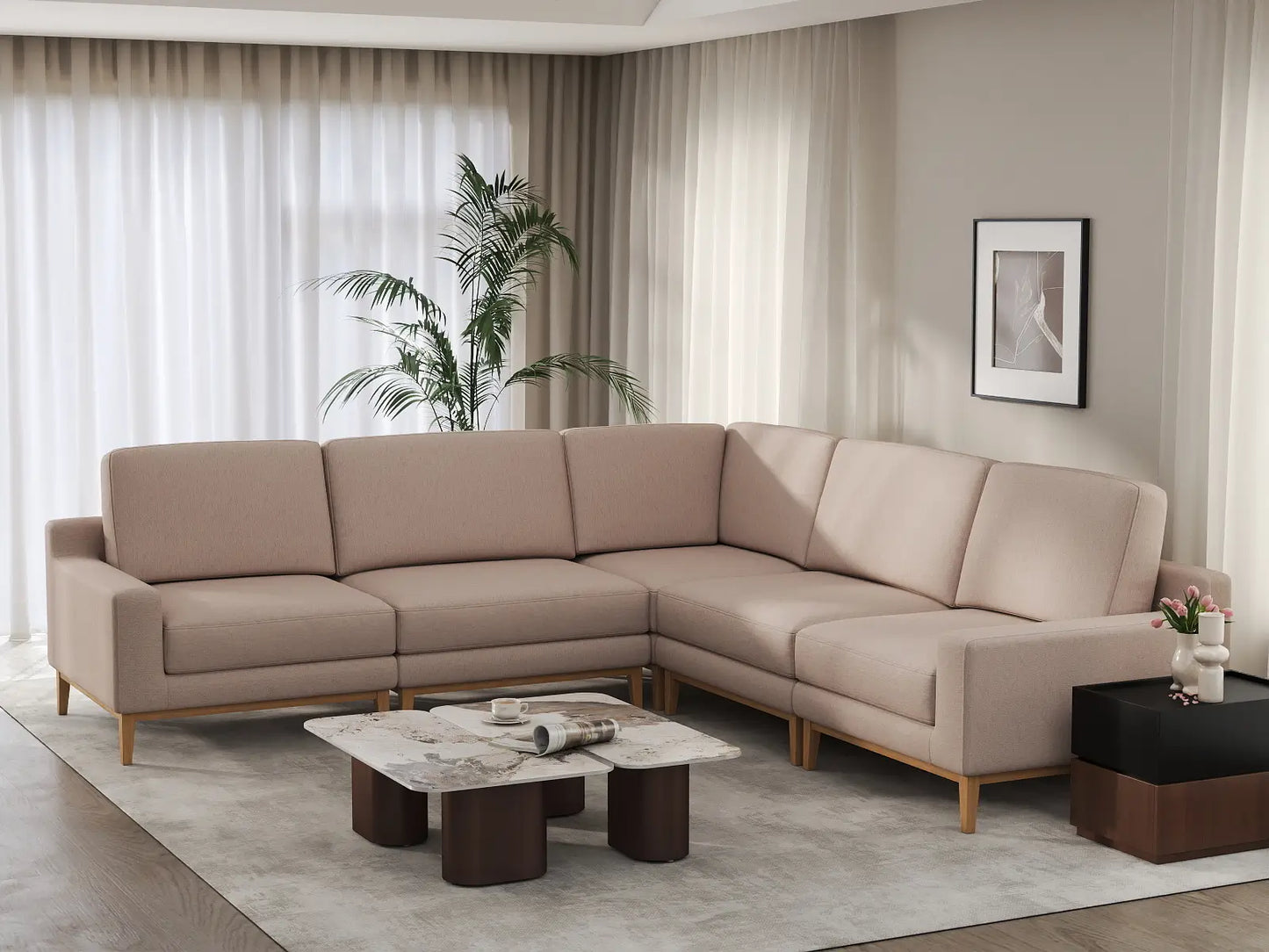 Deluxe Cloud 5-Seater Khaki V-Shaped Sectional | 5-Piece, Linen Look Poly Fabric, Washable Cushion Covers
