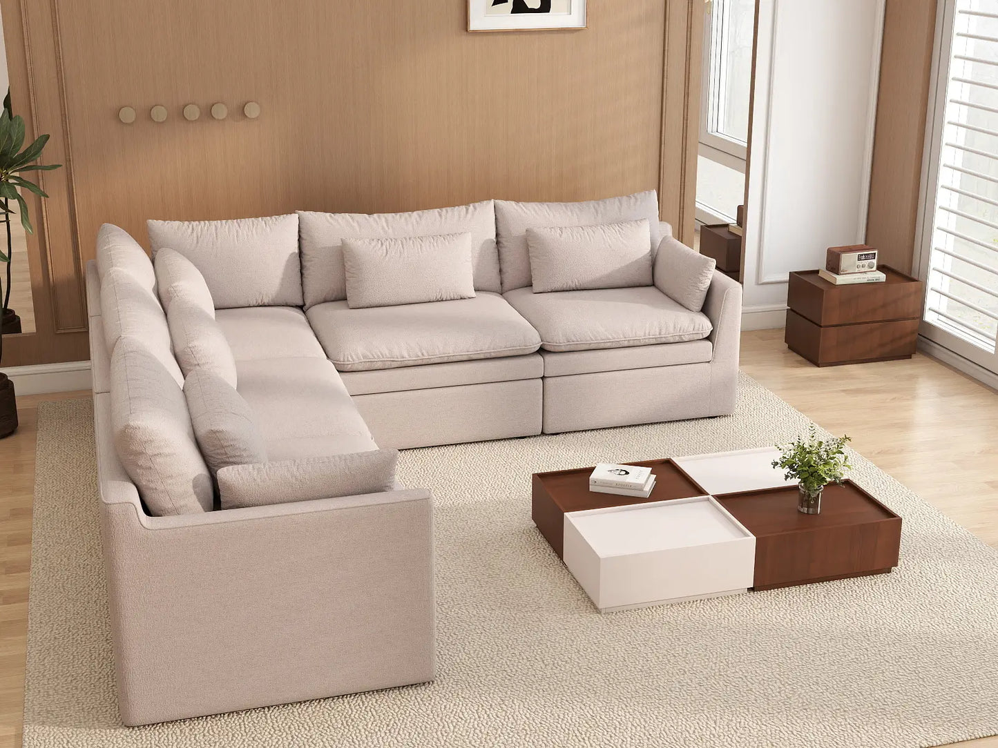 Deluxe Cloud 5-Seater Khaki V-Shaped Sectional | 5-Piece, Linen Look Poly Fabric, Washable Cushion Covers